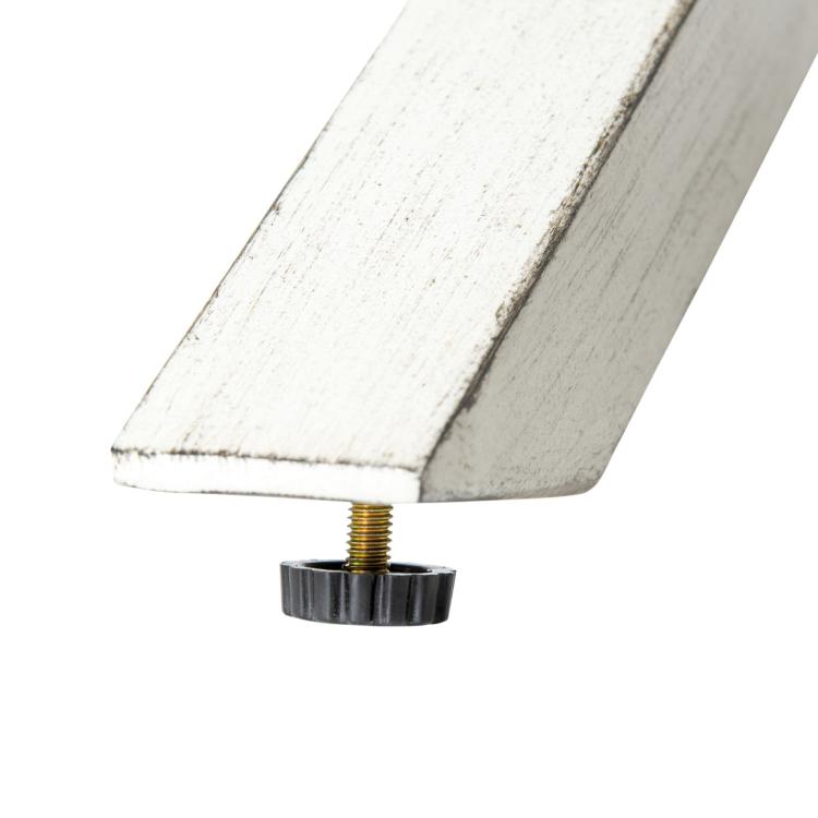 Close-up of coffee table leg connector with adjustable leveling foot
