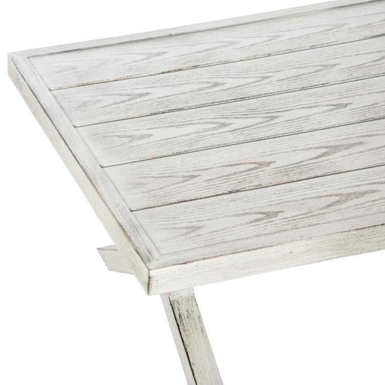White outdoor coffee table tabletop edge with wood-grain slat design