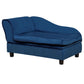 Blue pet sofa bed couch with curved arms, padded seat cushion and black legs