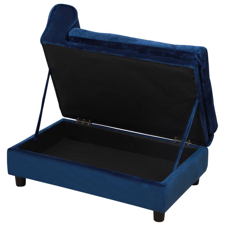 Blue pet sofa bed with hinged storage compartment, open view