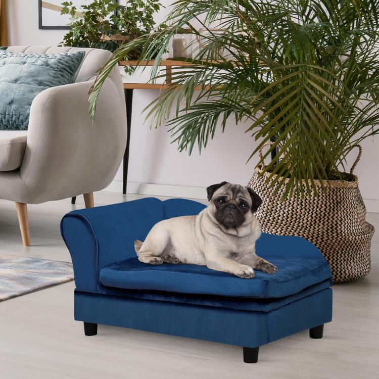 Blue pet sofa bed couch with storage seat, pug resting on padded cushion