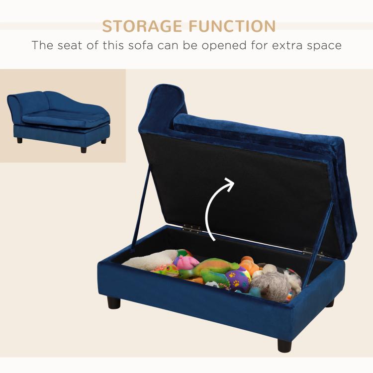 Blue pet sofa bed couch with hinged seat open for hidden storage