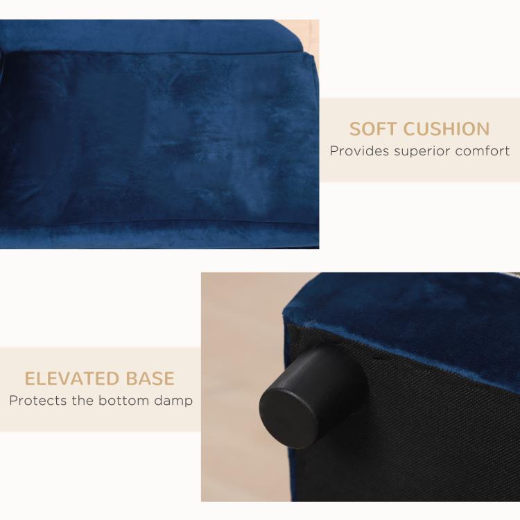 Blue pet sofa bed couch showing soft cushion and elevated base