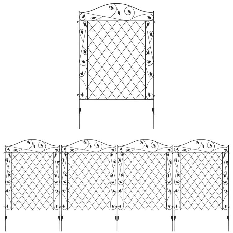 Single black steel fence panel with diamond lattice pattern and curled top ornaments