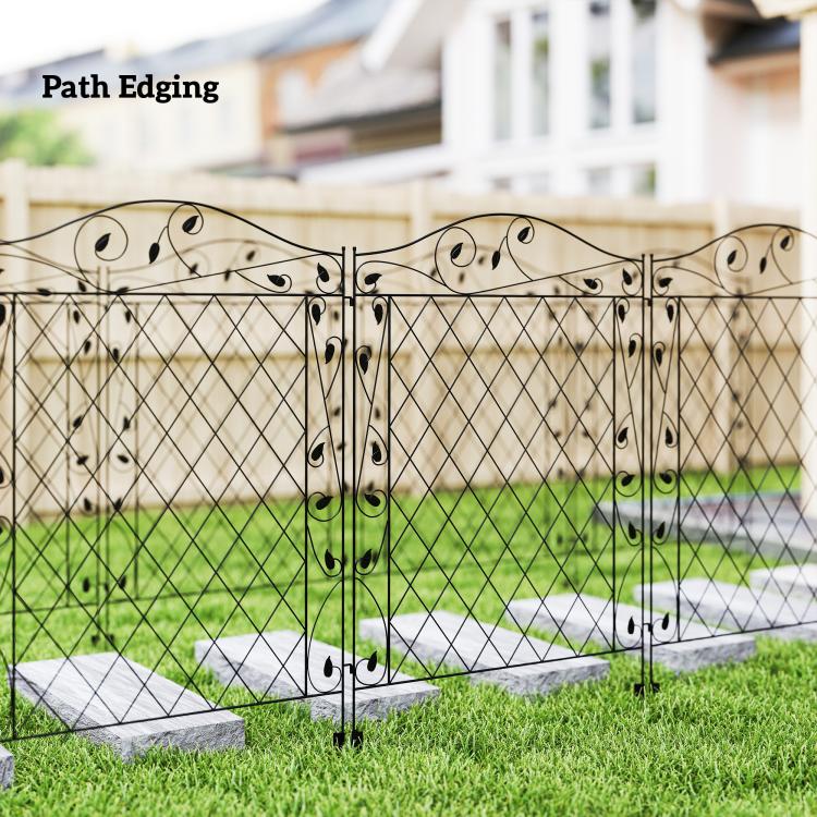 Ornamental steel garden fence panel with diamond lattice and scrollwork top