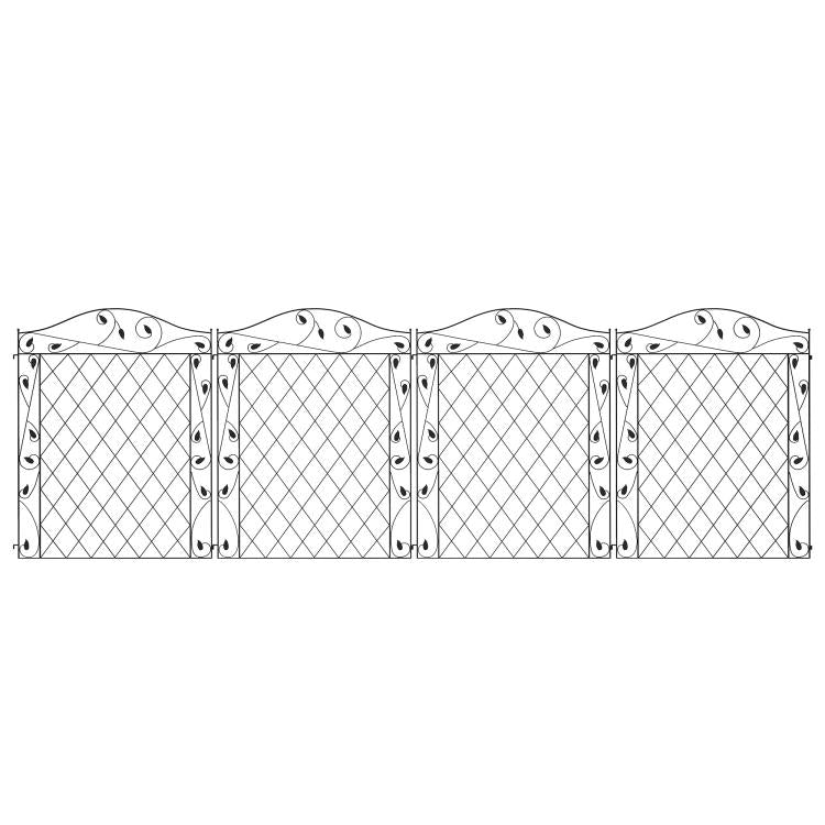 Set of 4 steel garden fence panels with diamond lattice and decorative scroll top