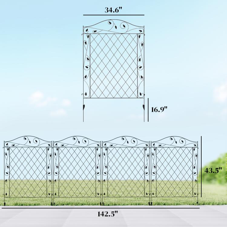 Black steel fence panels in a row with diamond lattice pattern and decorative top