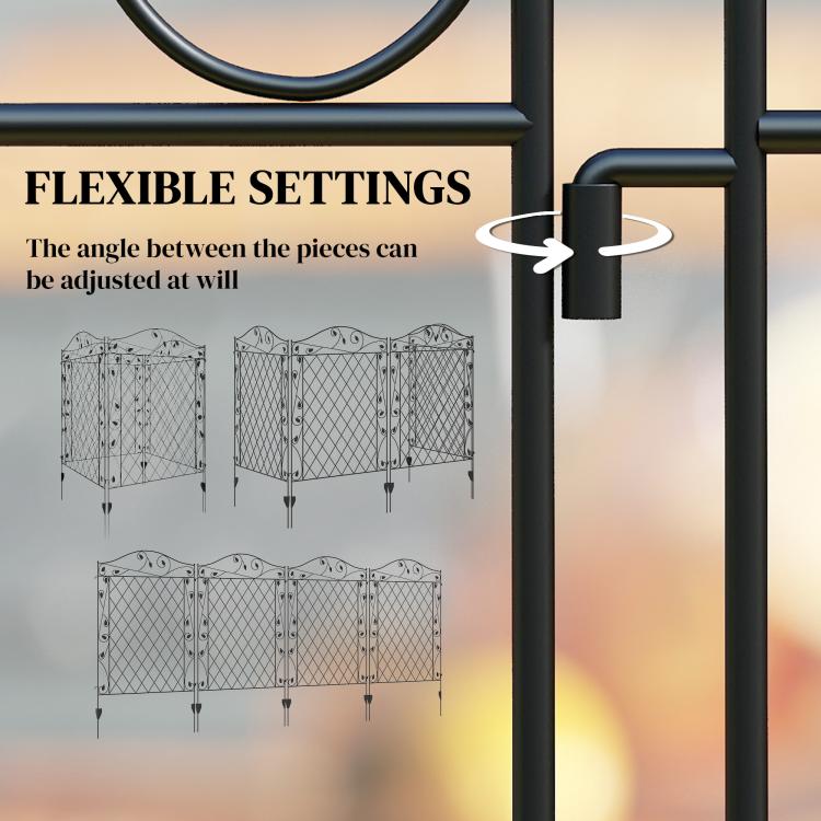 Black steel fence corner showing adjustable angle between panel sections