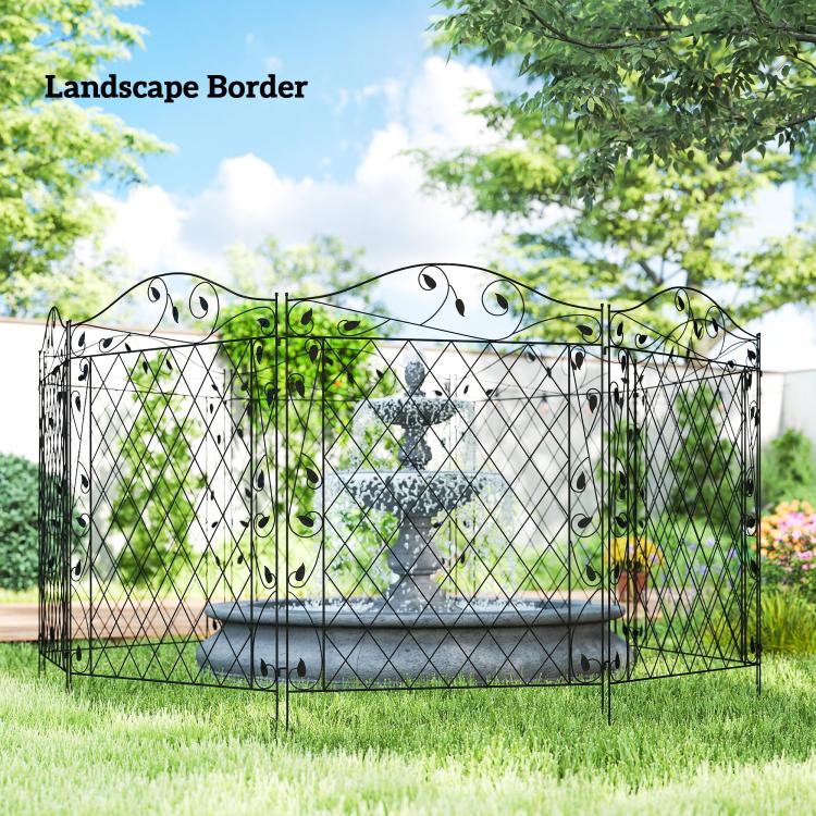 Black steel landscape fence border with diamond lattice and curled top scrollwork