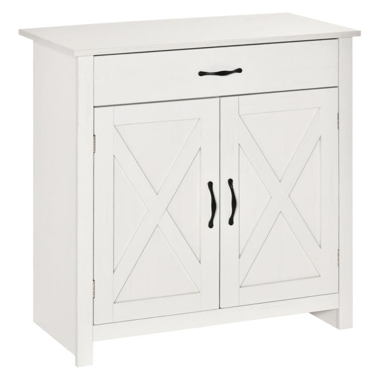 Stone white sideboard with top drawer and two barn doors with X panels
