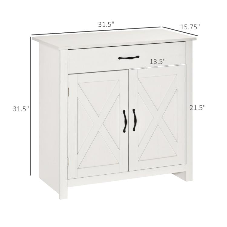 Stone white sideboard cabinet with barn doors and top drawer, with size dimensions