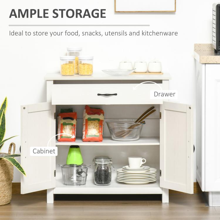 Stone white sideboard with open storage: drawer and cabinet shelves for kitchen items