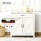 Stone white sideboard with magnetic door catch and crossbuck barn door panels