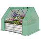 Green mini greenhouse cover over galvanized raised garden bed with blooming flowers