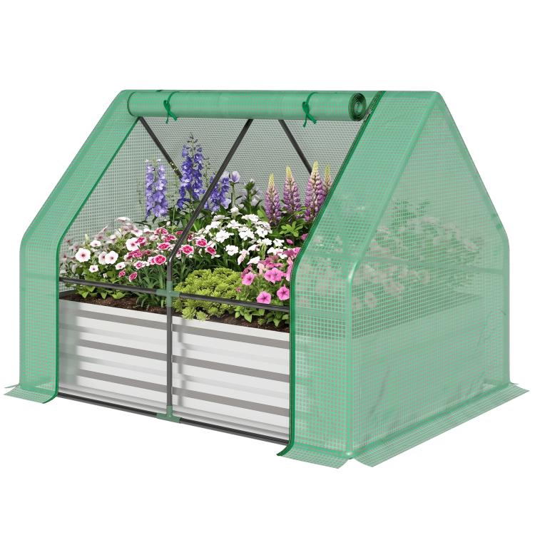 Green mini greenhouse cover over galvanized raised garden bed with blooming flowers