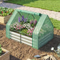 Green mini greenhouse cover over raised garden bed planter with galvanized frame