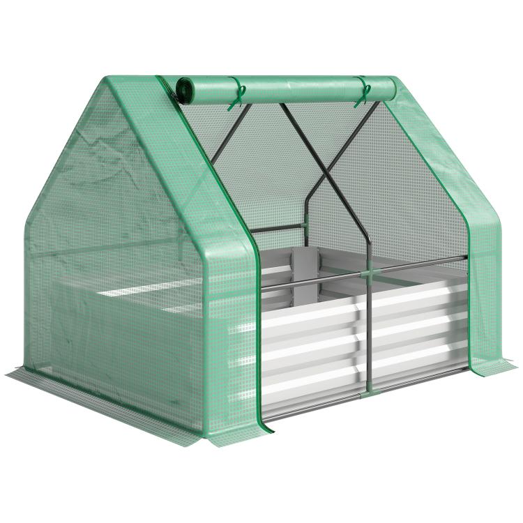 Green mesh mini greenhouse with zip cover and galvanized raised bed frame