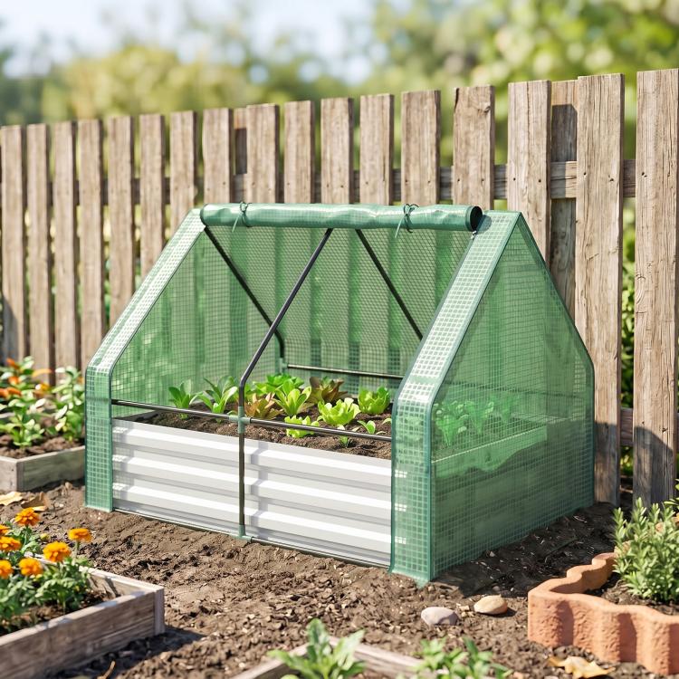 Mini greenhouse cover on galvanized raised garden bed with seedlings and soil base