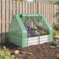 Greenhouse-covered galvanized raised garden bed with purple and white flowers inside