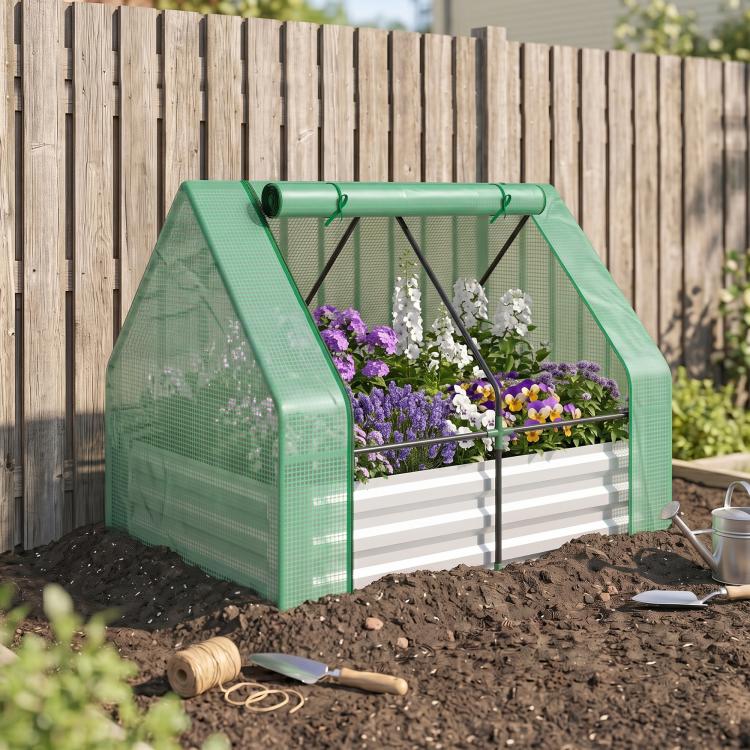 Greenhouse-covered galvanized raised garden bed with purple and white flowers inside