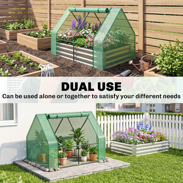 Mini greenhouse cover over raised garden bed with garden plants in a backyard setup