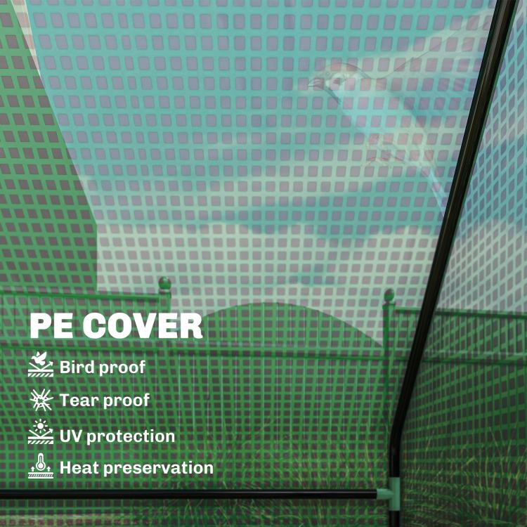 Green PE greenhouse cover mesh panel with black support frame detail