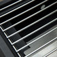Tabletop gas grill grate with silver parallel bars and black frame