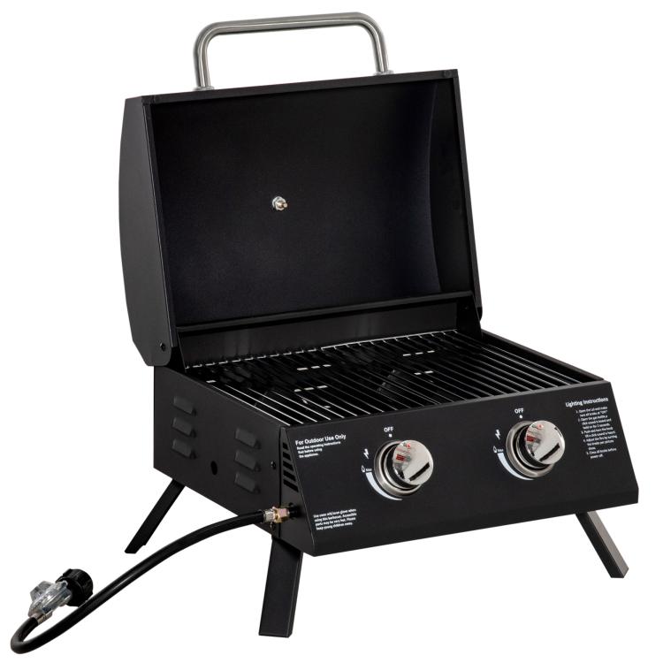 Tabletop gas BBQ grill with open lid, thermometer, and two control knobs