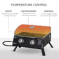 Black 2-burner gas grill with top thermometer and lid control detail diagram