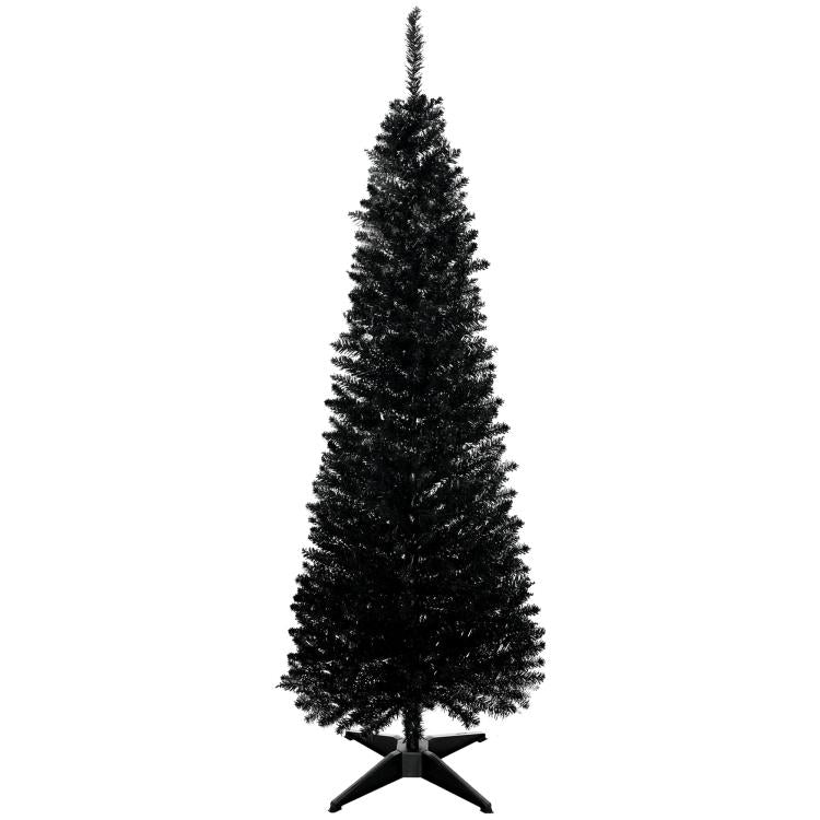 Black slim pencil artificial Christmas tree with tripod-style plastic base