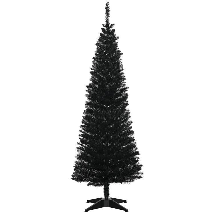 Black artificial pencil Christmas tree with dense branches and black plastic stand