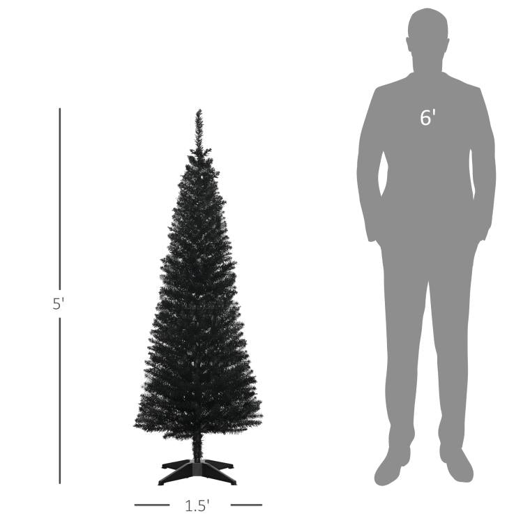 Black slim 5 ft pencil artificial Christmas tree with plastic stand