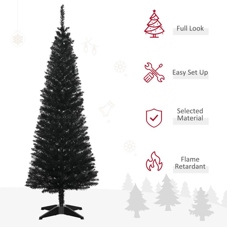 Black pencil artificial Christmas tree on tripod plastic base, full view
