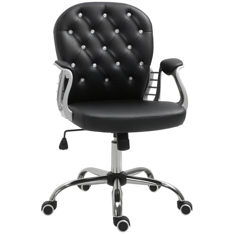 Black tufted desk chair with padded seat, arched armrests, and chrome swivel base