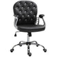 Tufted black office chair with padded arms, swivel base, and caster wheels.