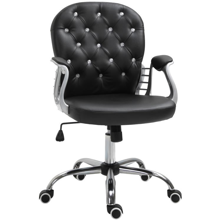 Tufted black office chair with padded arms, swivel base, and caster wheels.