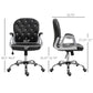 Black tufted swivel desk chair with padded seat and armrests, front and side view