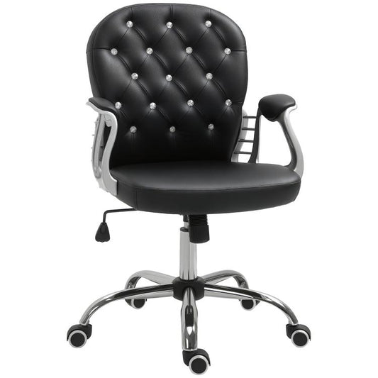 Black tufted desk chair with padded seat, arched armrests, and chrome swivel base