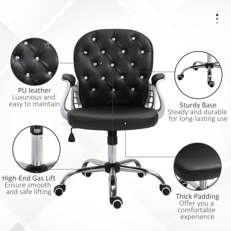 Black tufted desk chair with thick padded seat, sturdy base, and height-adjust pole