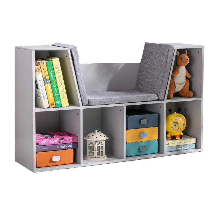 Grey kids bookcase with reading nook cushion and cubby storage bins and shelves