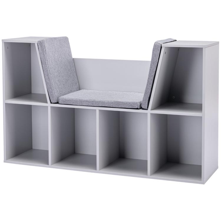 Grey kids bookcase with cushioned reading nook and open cube compartments