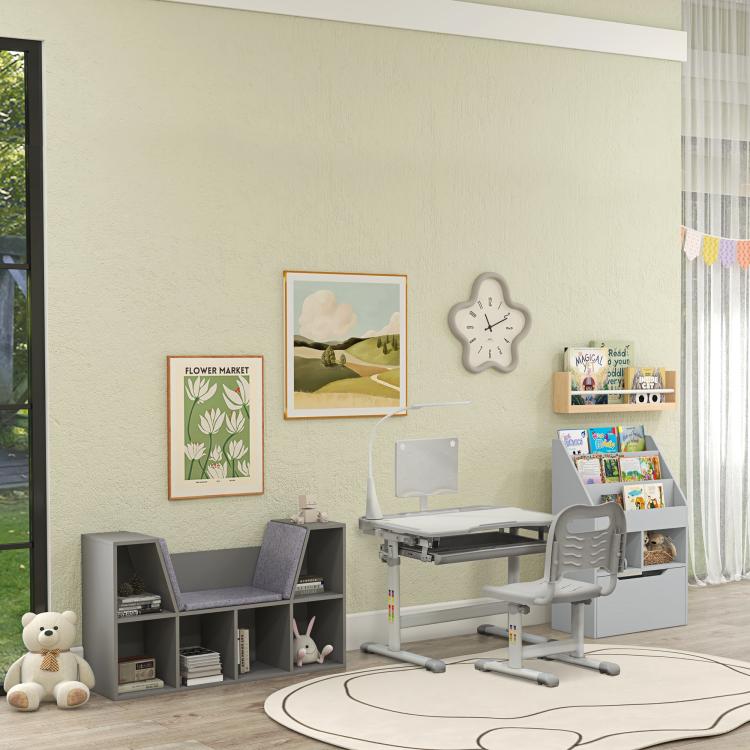 Kids bookcase with reading nook cushion, grey cubby storage shelves