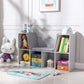Grey kids bookcase with center reading nook cushion and cubby shelves for toys and books