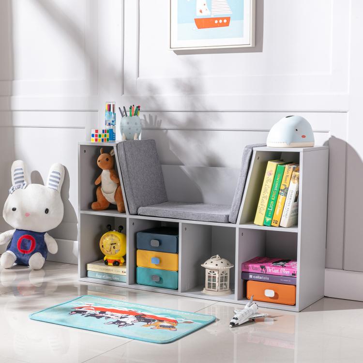 Grey kids bookcase with center reading nook cushion and cubby shelves for toys and books