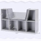 Kids bookcase with reading nook cushion and cubby storage, shown with size measurements