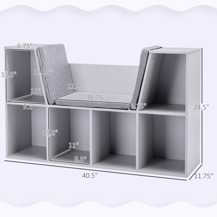 Kids bookcase with reading nook cushion and cubby storage, shown with size measurements