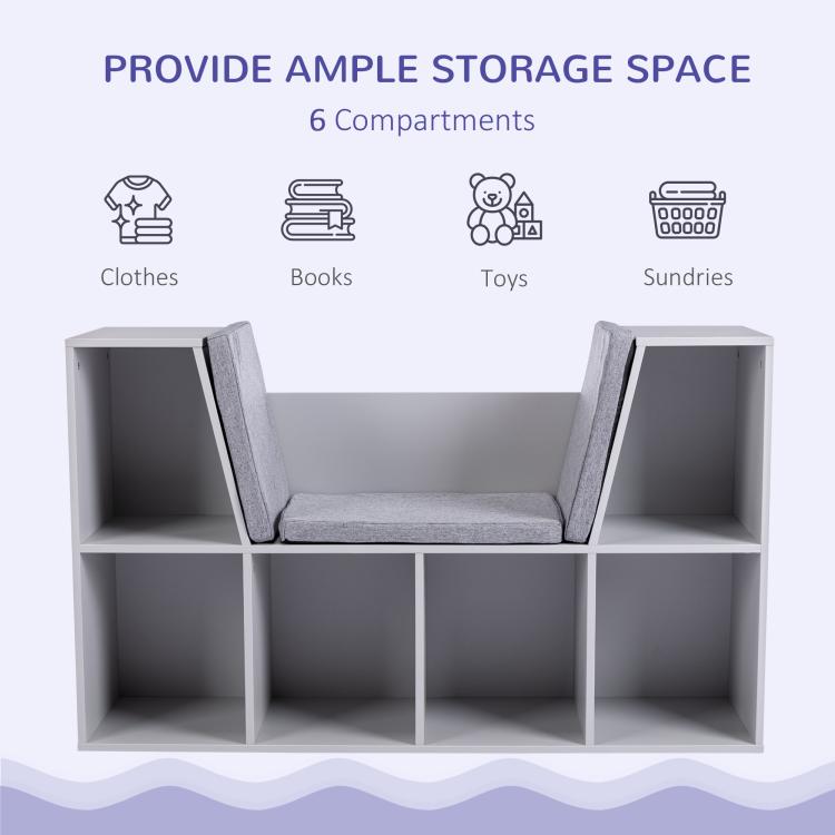 Grey kids bookcase with cushioned reading nook and 6 open storage compartments