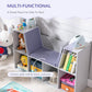 Kids bookcase with grey cushioned reading nook and cubbies holding books and toys