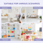 Kids bookcase displayed in bedroom and living room styling with open cubby storage