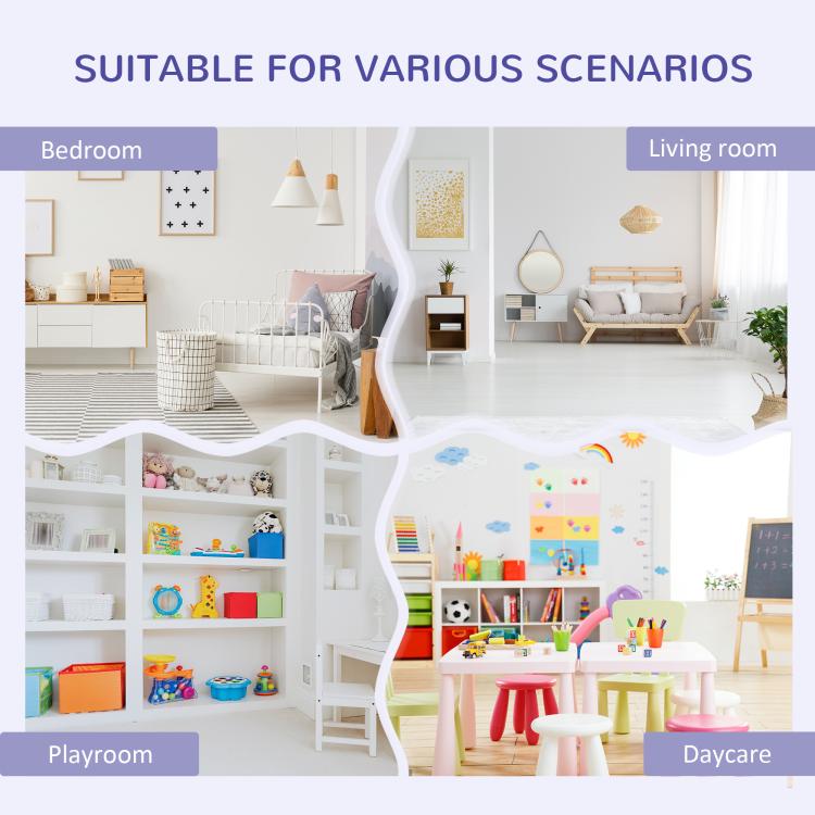 Kids bookcase displayed in bedroom and living room styling with open cubby storage